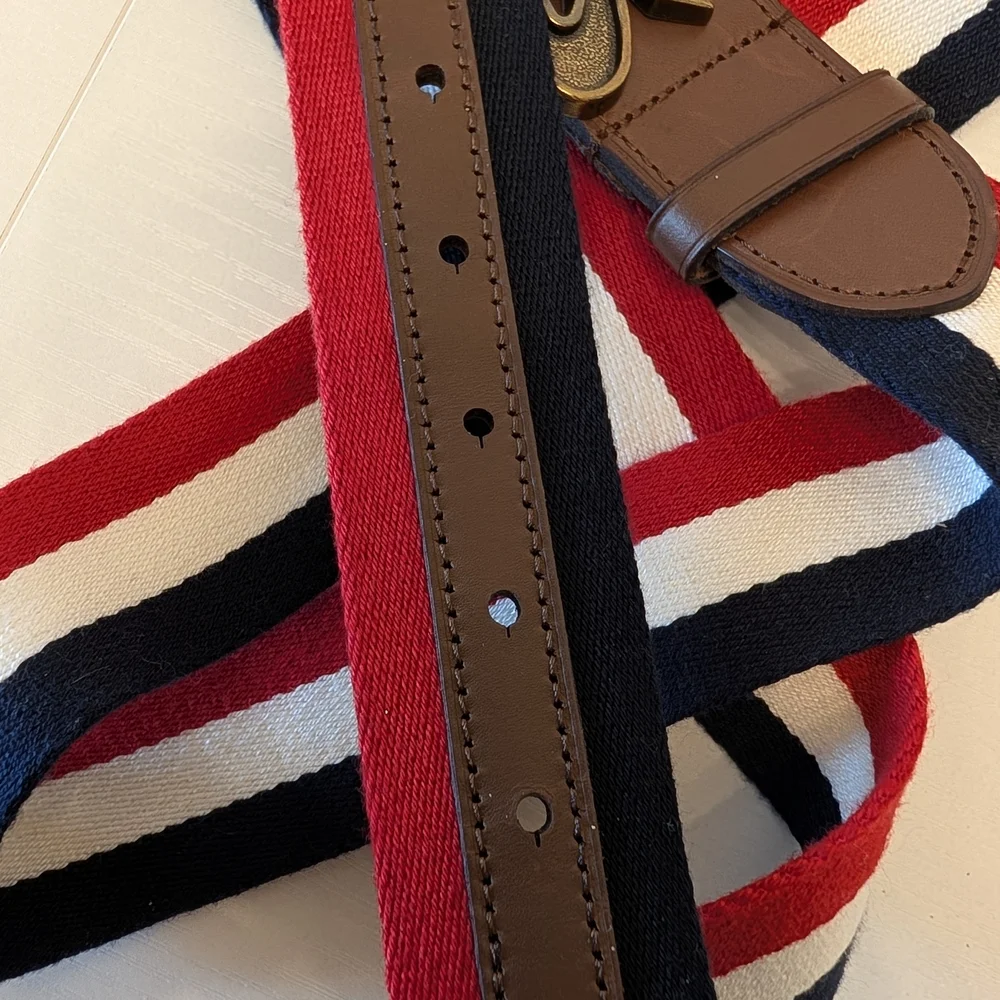 Polo Ralph Lauren Striped Canvas Leather Belt‎ Script Logo Buckle Red White Blue